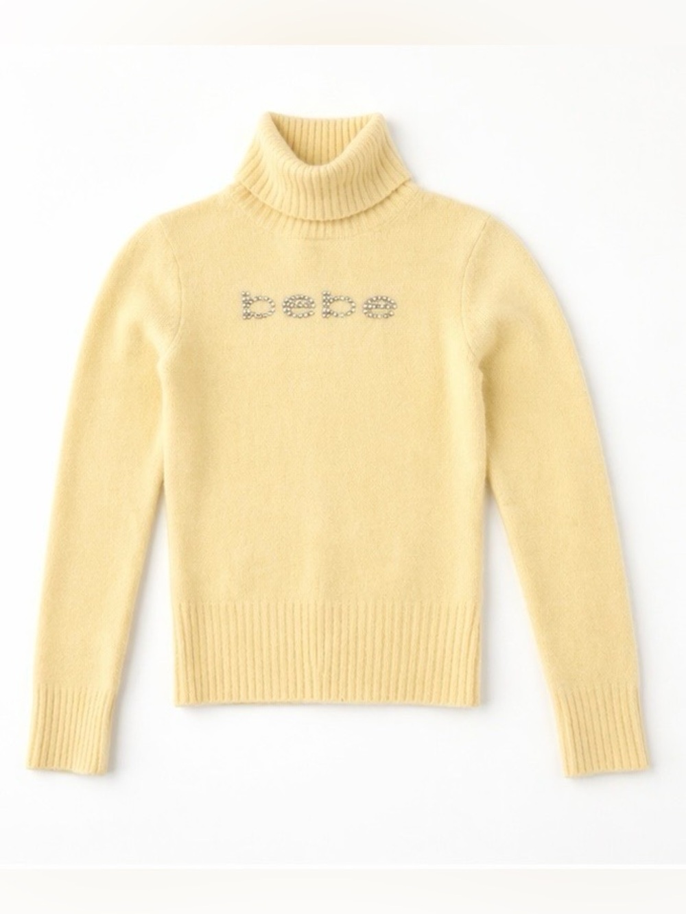 Bebe Y2K Angora Butter Yellow Turtleneck Sweater Rhinestone Logo